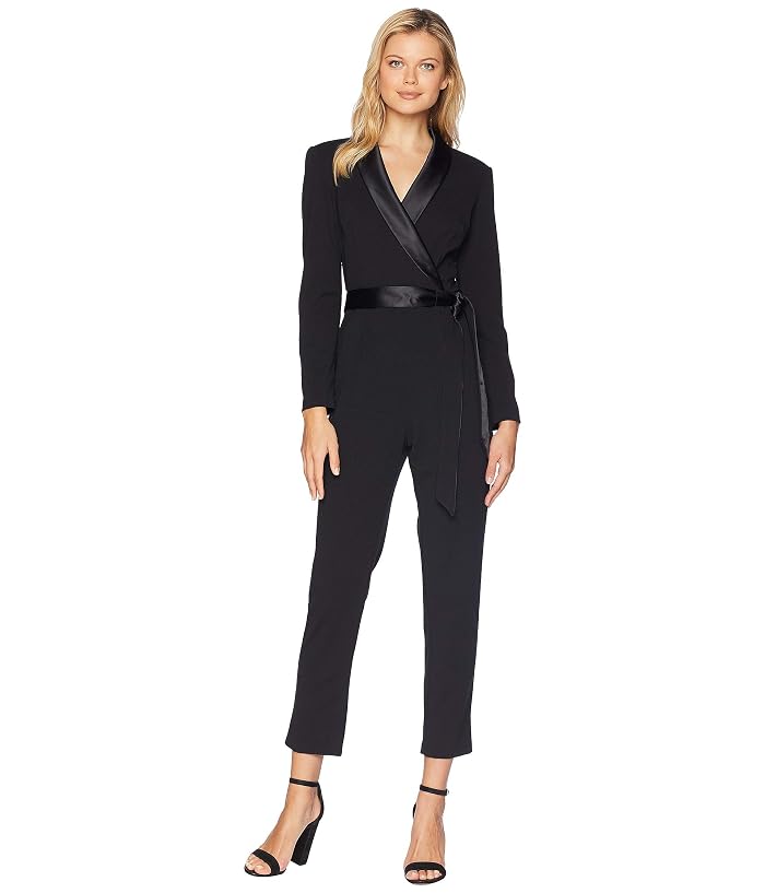 Women's Adrianna Papell Knit Crepe Wrap Top Jumpsuit with Long Sleeves, Slim Pants , and Stretch Charmeuse Collar